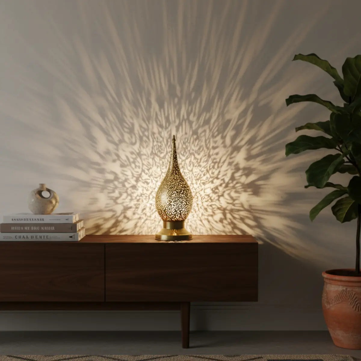 A glowing Moroccan brass table lamp on a dark surface, casting intricate, warm shadows on a matte black wall. Elegant, handmade lighting from Arcuros.