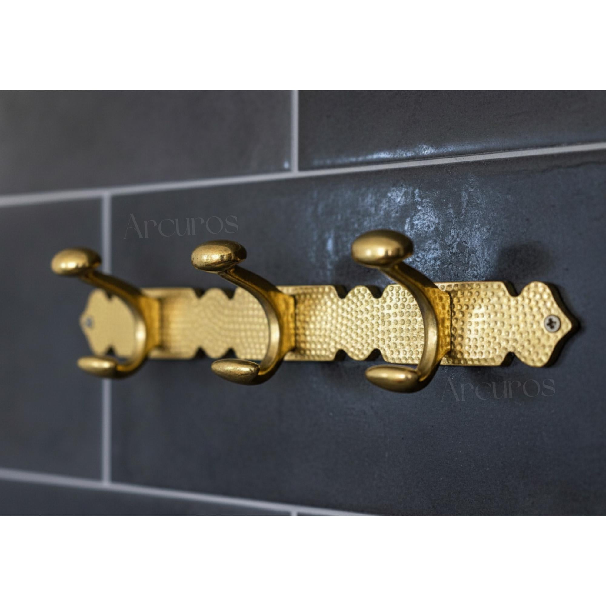 Solid Brass Engraved Coat Rack, Handmade Wall Coat Hooks Arcuros