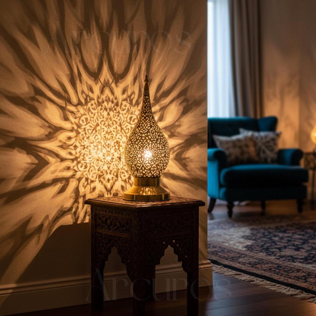 Handmade Moroccan Brass Table Lamp: Boho Bedside Nightstand Light Arcuros