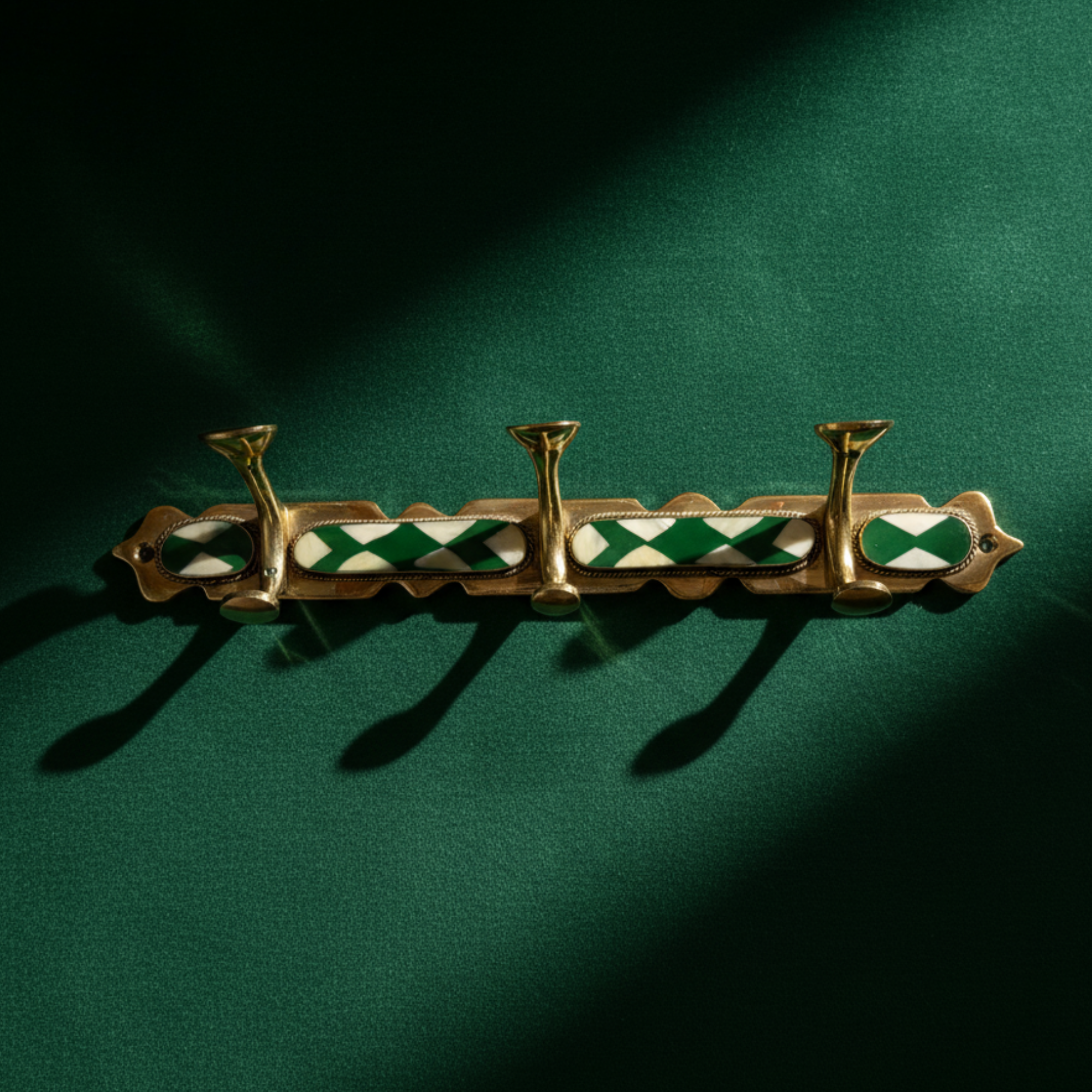 Handmade Brass Wall Hook Green Resin & Bone Inlay Arcuros