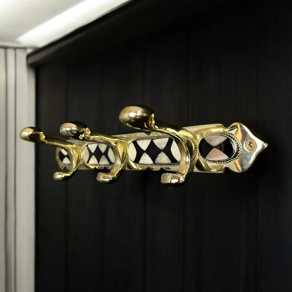 Moroccan Brass Wall Hook Rack: white & Black Resin Inlay Arcuros