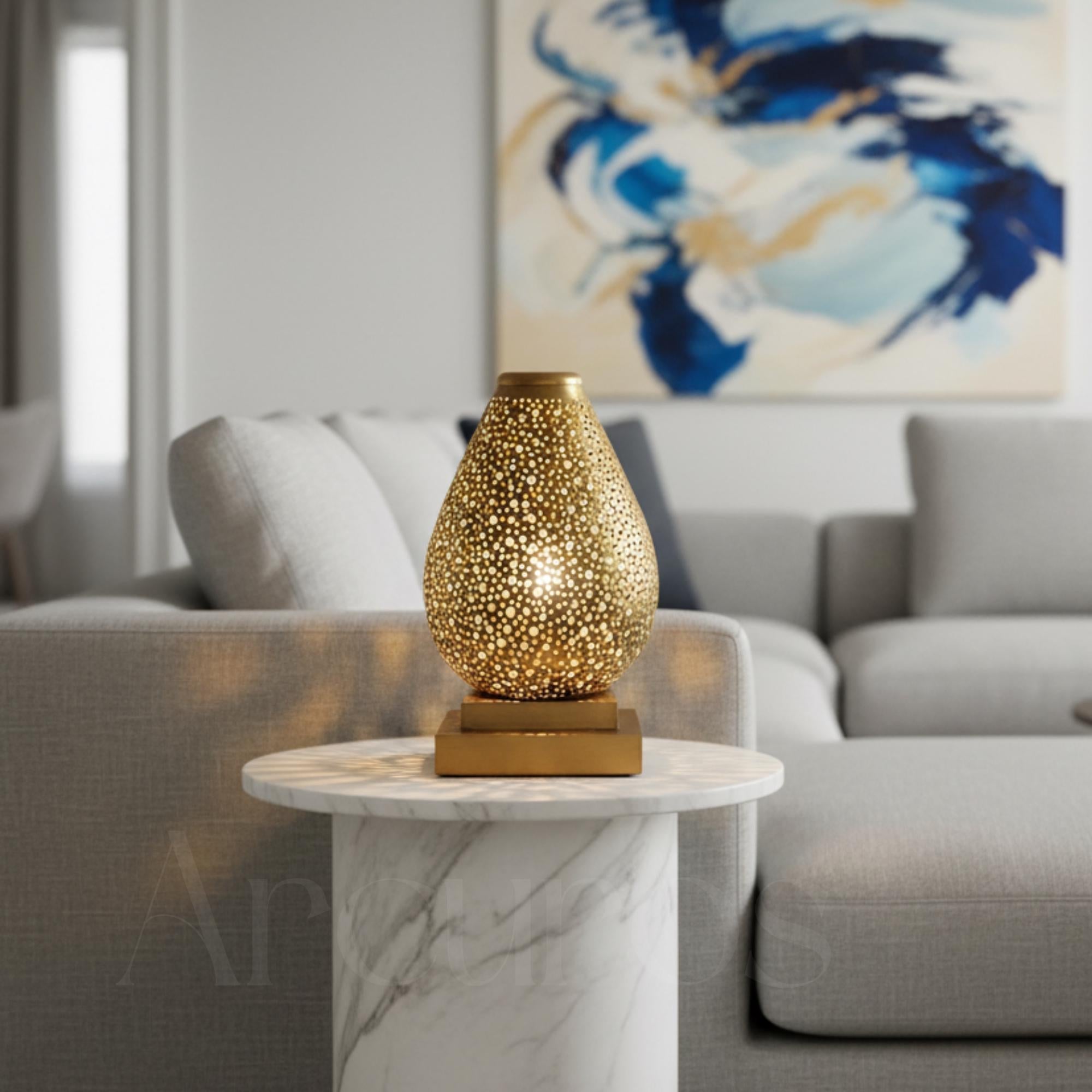 Handmade Brass Table Lamp: Moroccan Lantern Shade, Soft Light Arcuros