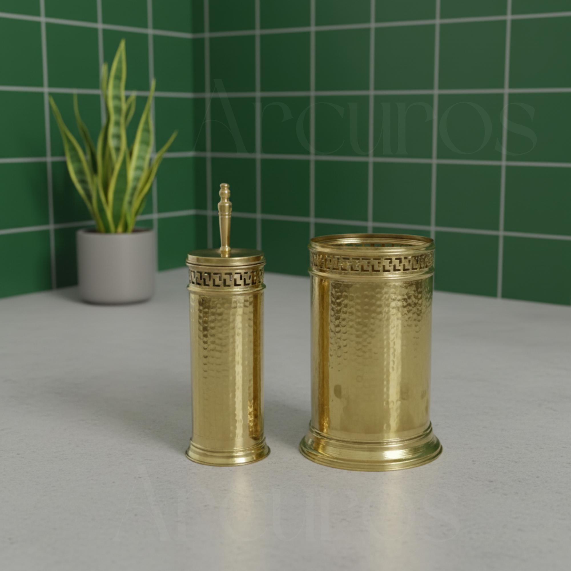 Handcrafted Gold Bathroom Accessory – Polished Brass Brush Canister Arcuros