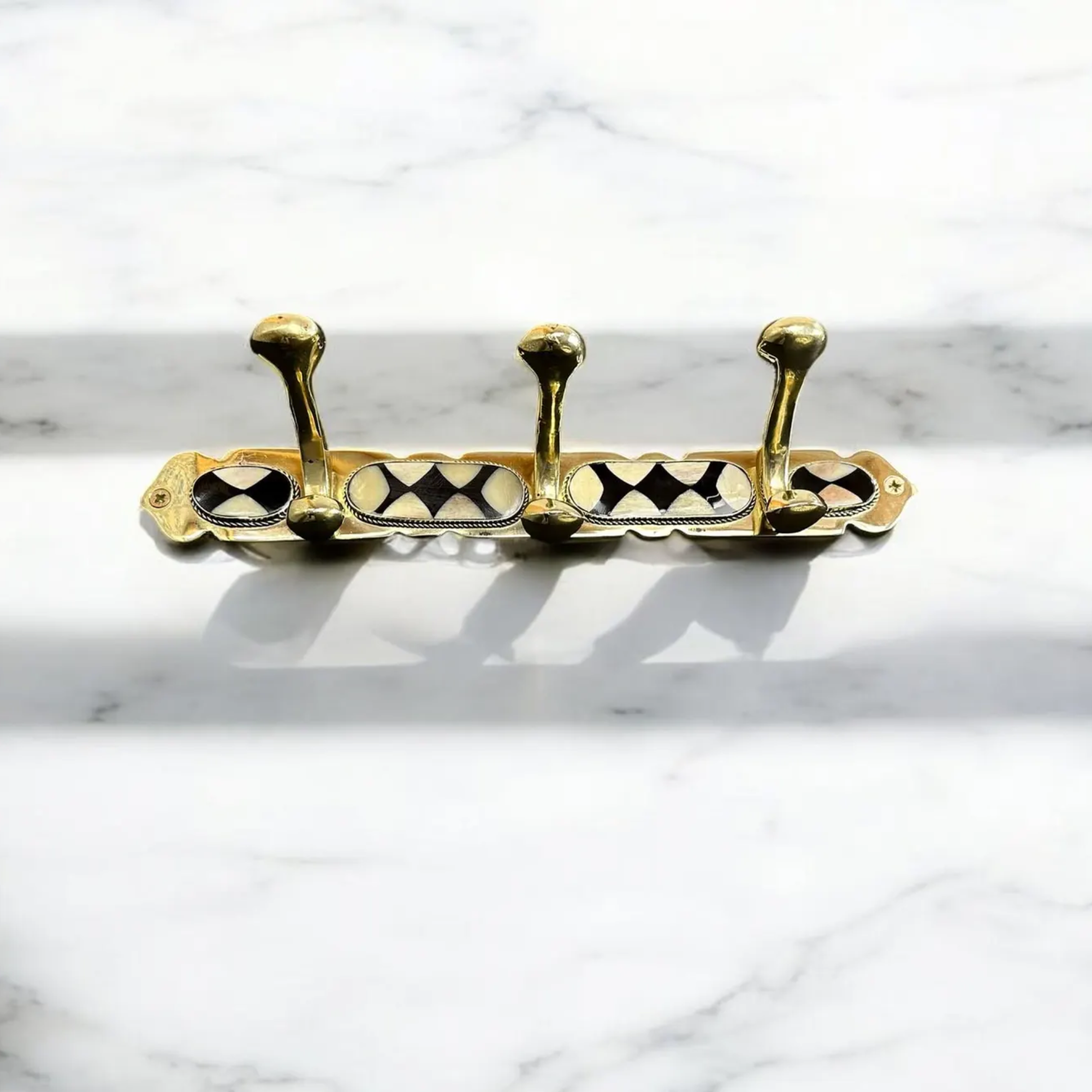 Moroccan Brass Wall Hook Rack: white & Black Resin Inlay Arcuros
