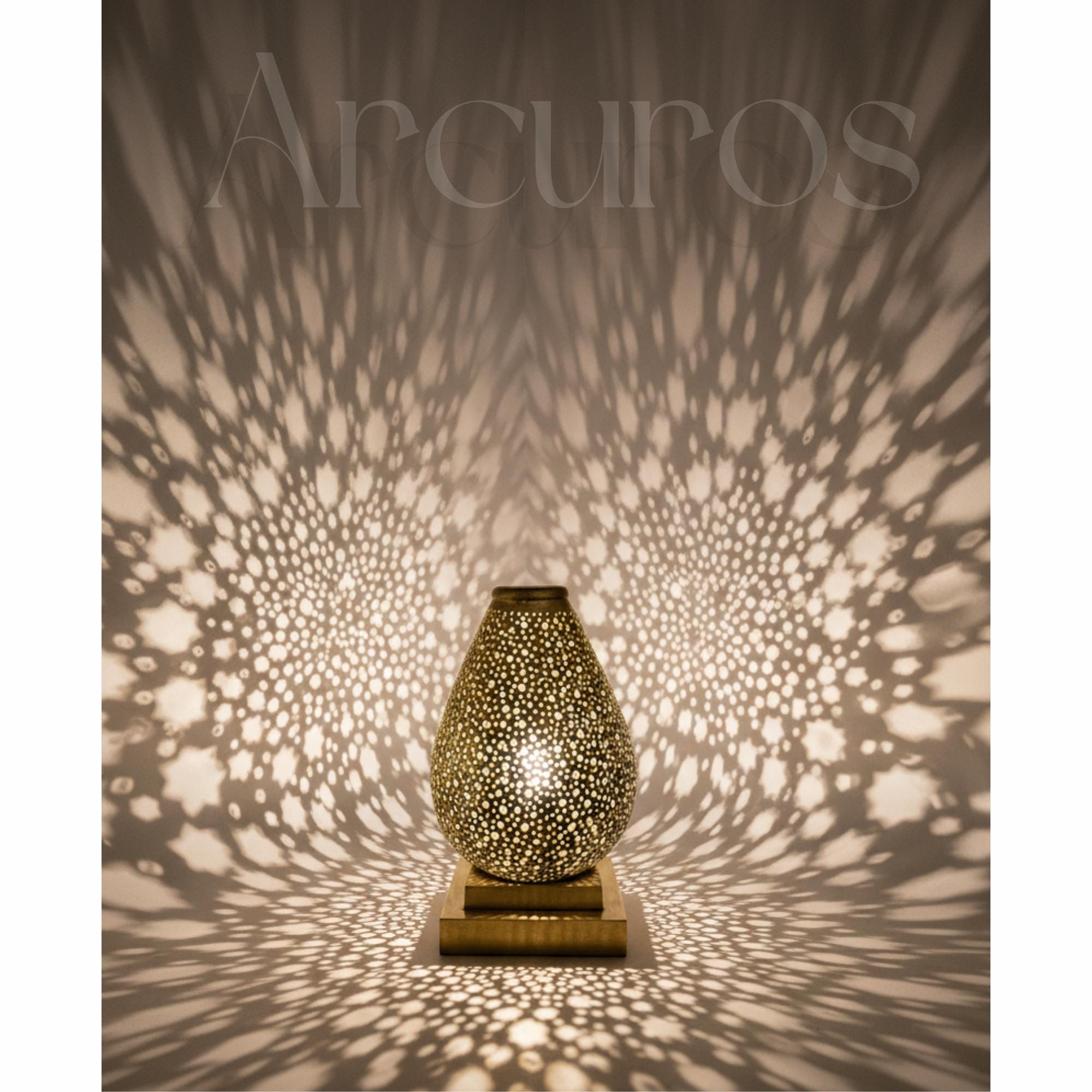 Handmade Brass Table Lamp: Moroccan Lantern Shade, Soft Light Arcuros