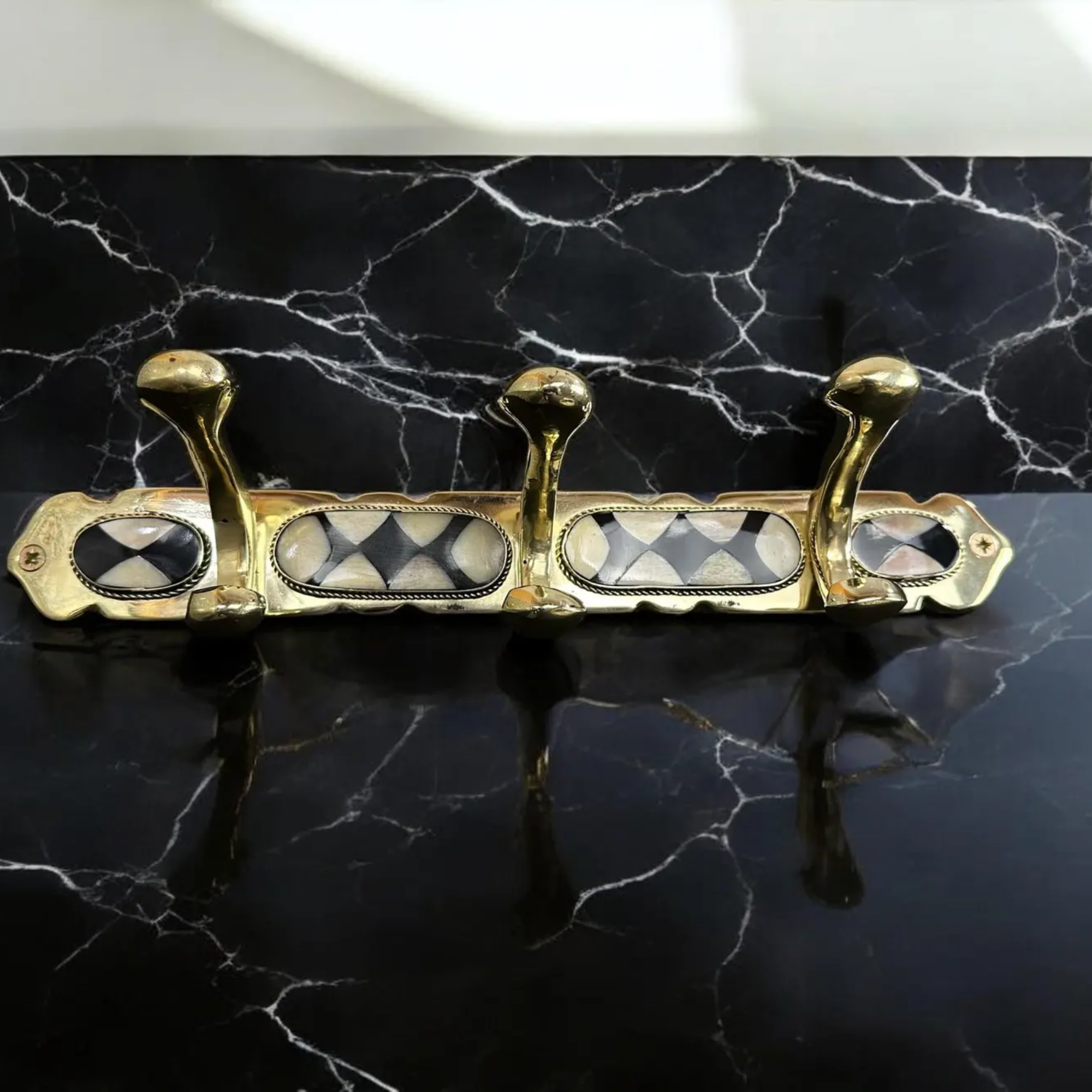 Moroccan Brass Wall Hook Rack: white & Black Resin Inlay Arcuros
