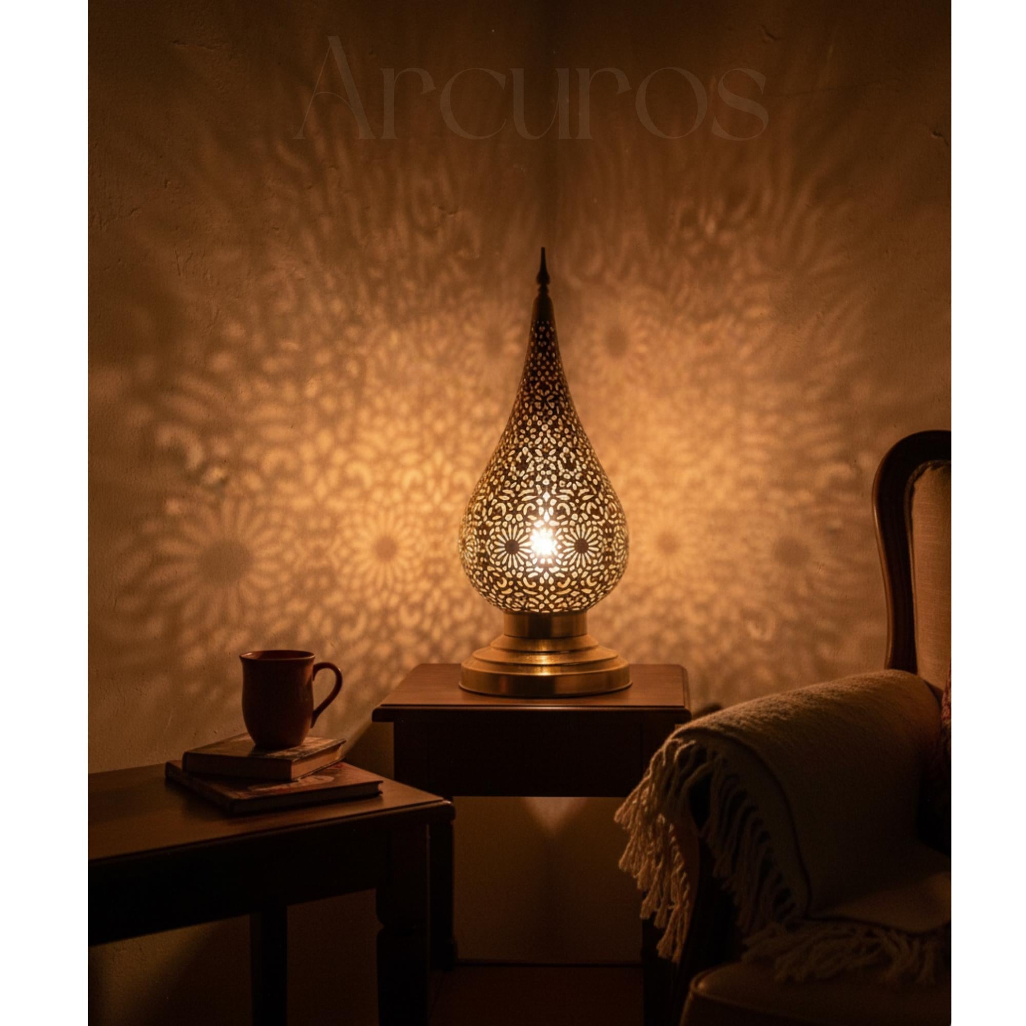 Handmade Moroccan Brass Table Lamp: Boho Bedside Nightstand Light Arcuros