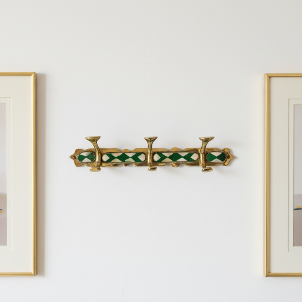 Handmade Brass Wall Hook Green Resin & Bone Inlay Arcuros