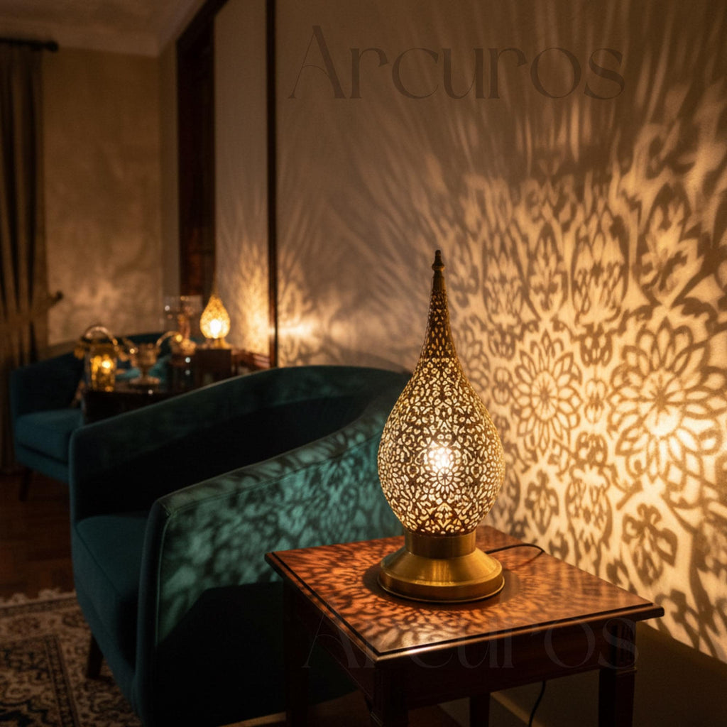 Handmade Moroccan Brass Table Lamp: Boho Bedside Nightstand Light Arcuros