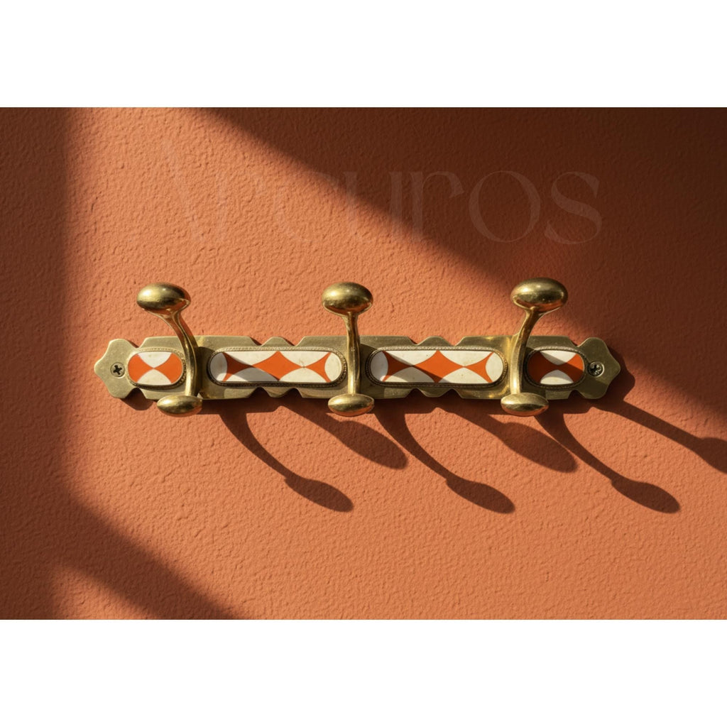 Handmade Brass Wall Hook Orange Resin & Bone Inlay Arcuros