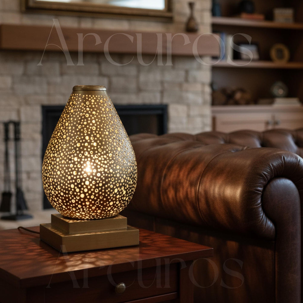 Handmade Brass Table Lamp: Moroccan Lantern Shade, Soft Light Arcuros