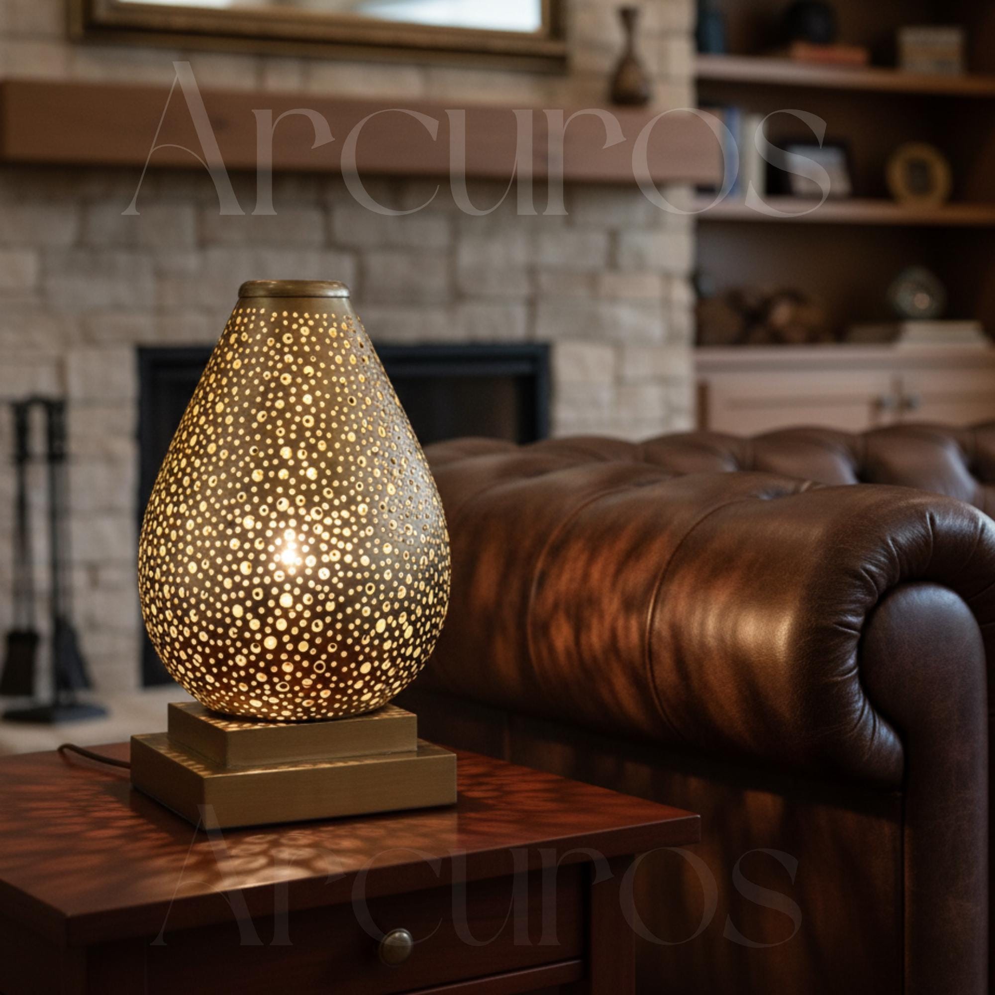 Handmade Brass Table Lamp: Moroccan Lantern Shade, Soft Light Arcuros