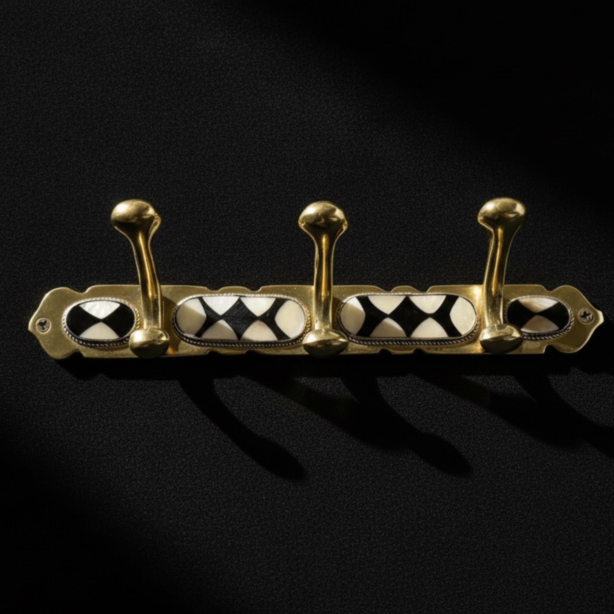 Moroccan Brass Wall Hook Rack: white & Black Resin Inlay Arcuros